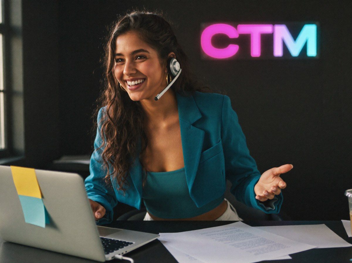 Mia, Capture That Media's AI front desk assistant, working in a headset at her desk beneath the glowing CTM sign
