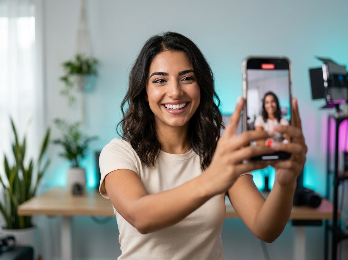 Mia, Capture That Media's AI marketing assistant, filming short-form social content in the studio